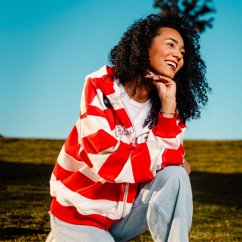 Red and White Striped Team Jesus Zip-Up Jacket