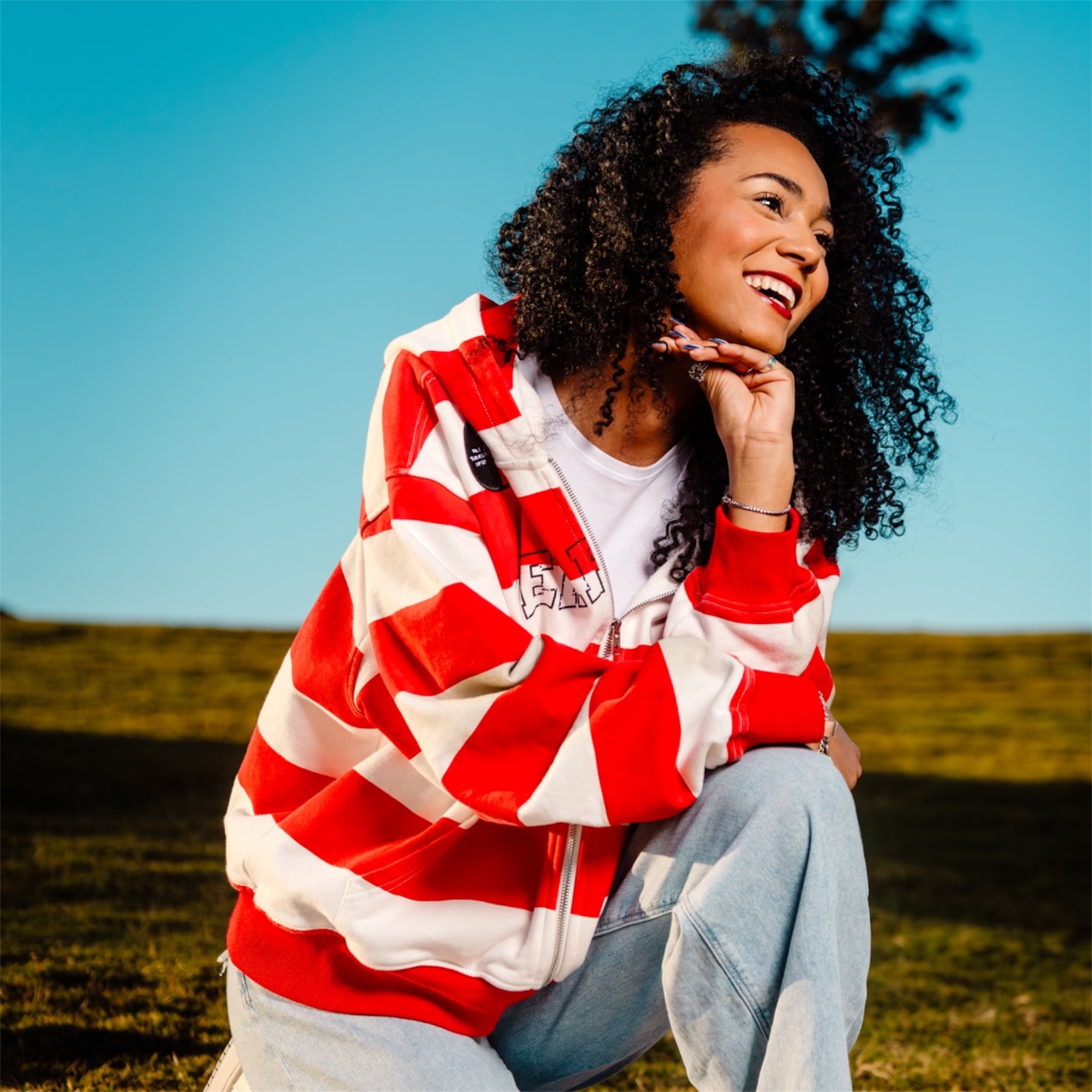 Red and White Striped Team Jesus Zip-Up Jacket