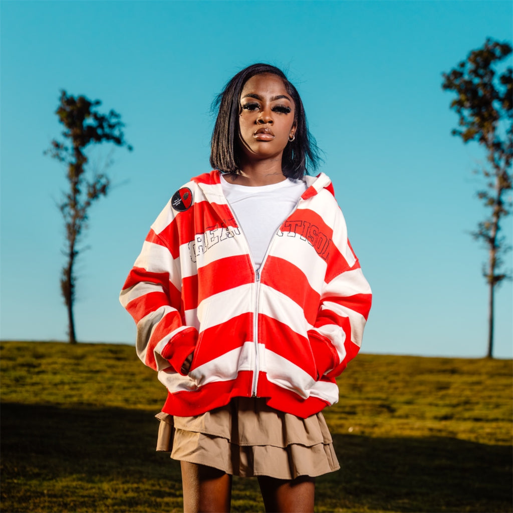 Red and White Striped Team Jesus Zip-Up Jacket