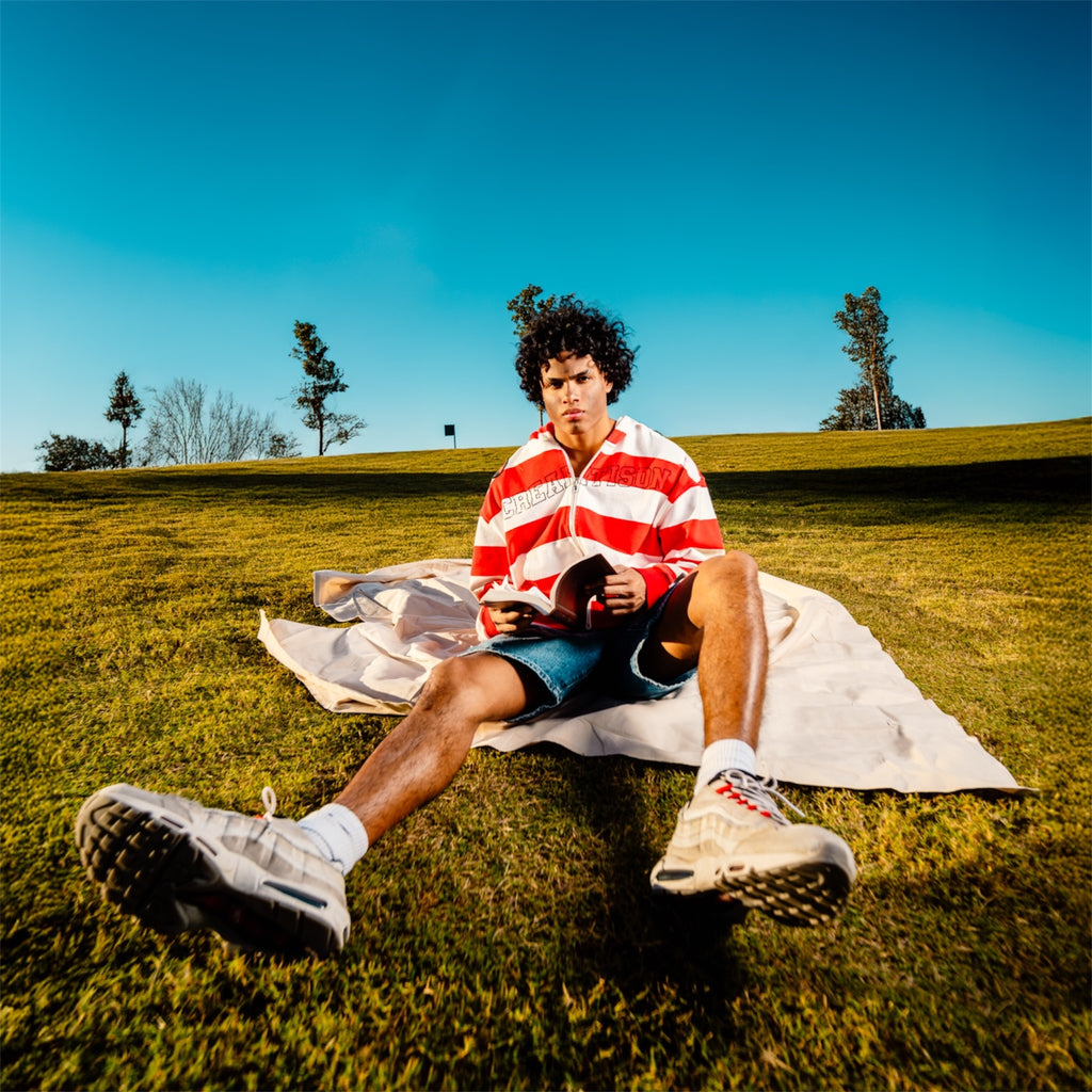 Red and White Striped Team Jesus Zip-Up Jacket